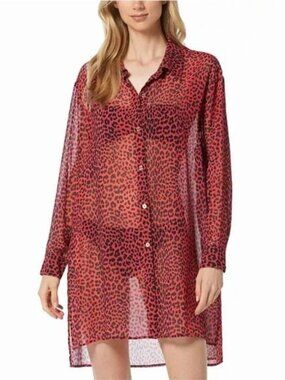 130$Michael Michael Kors Animal Print Sheer Swim Cover Up Shirt Dress Size M Red
